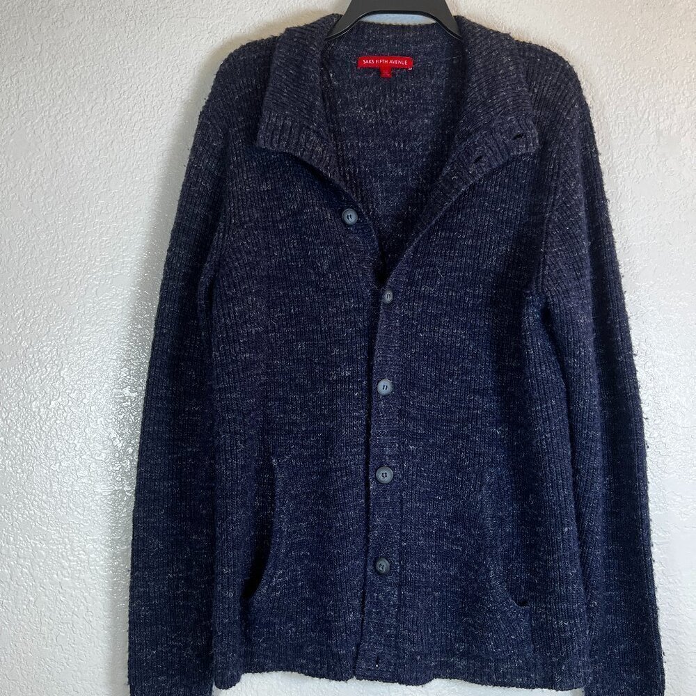 Saks Fifth Avenue Men's Wool Blend Blue Button Front Cardigan Sweater Sz Medium